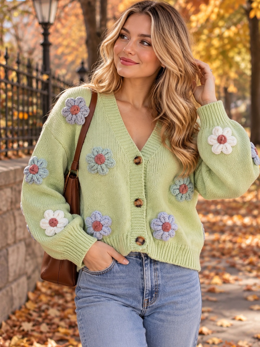 CIDER Green 3D Floral Knit Cardigan Size L